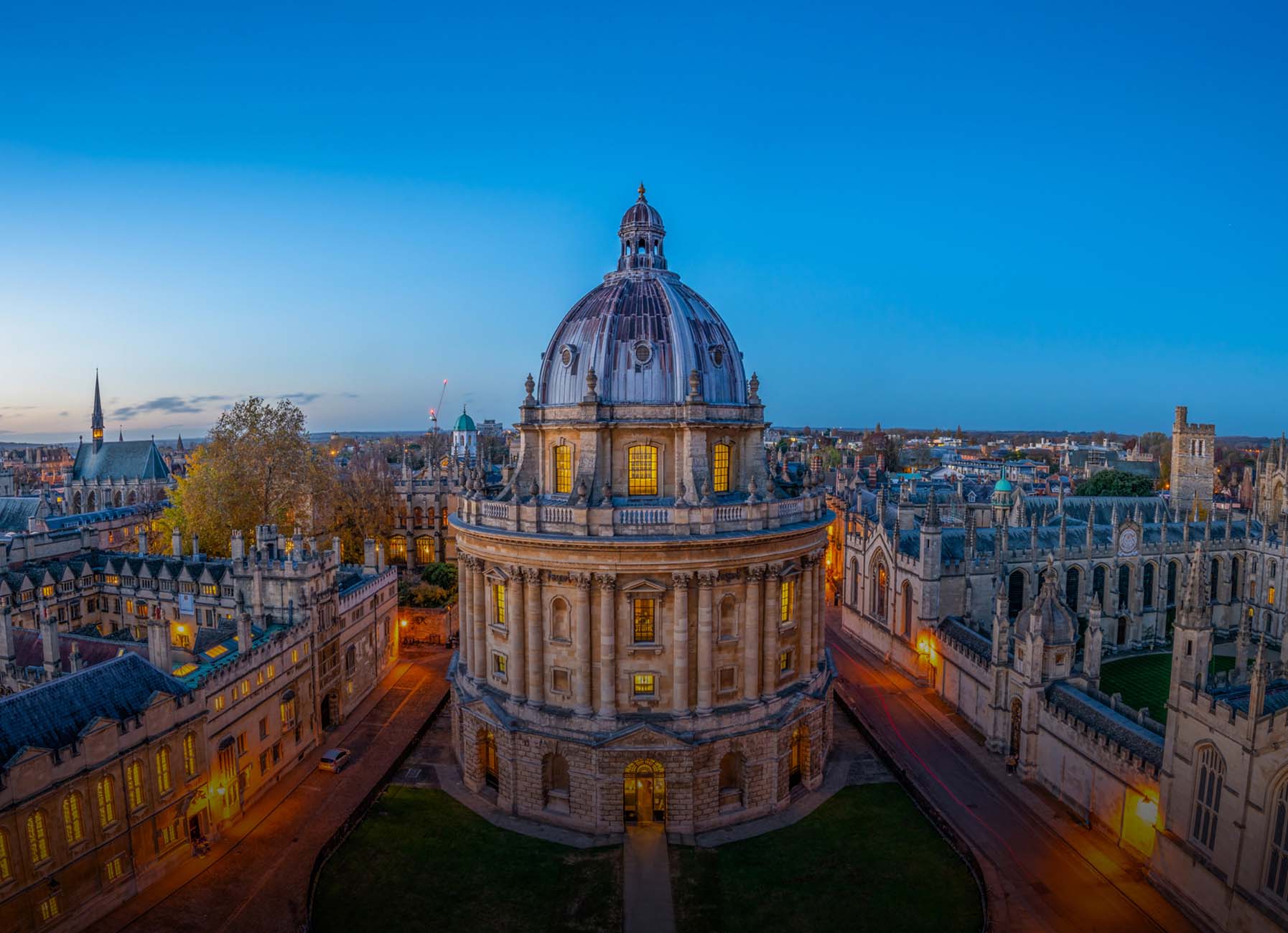 The Radcliffe Camera and Oxford skyline at dusk