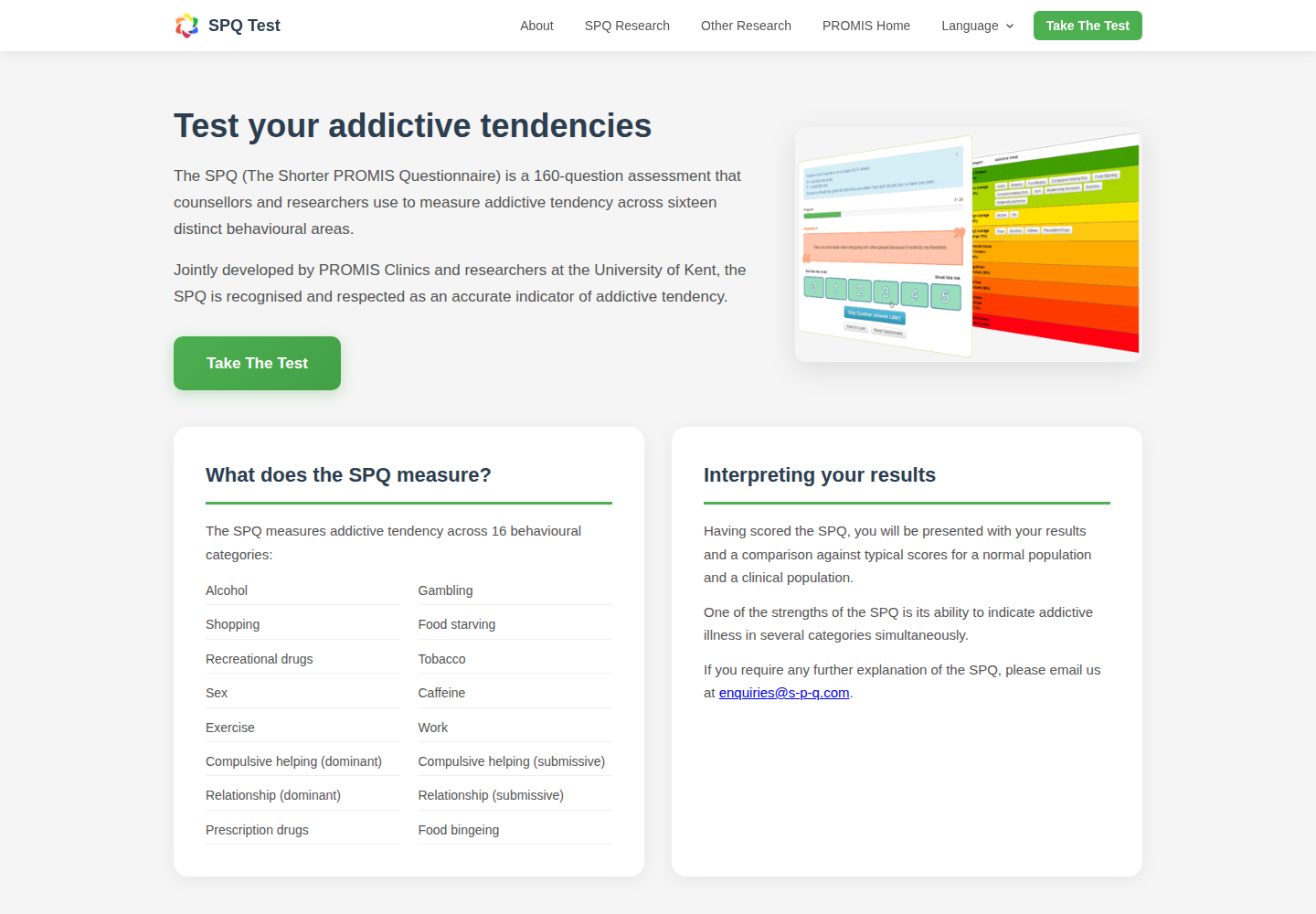The s-p-q.com homepage, showing the Shorter PROMIS Questionnaire introduction and a Take the Test button.